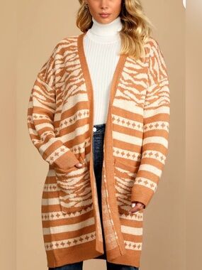 Lulu's Camel & Cream Open-Front Zebra Print Cardigan Size Medium NWT!!